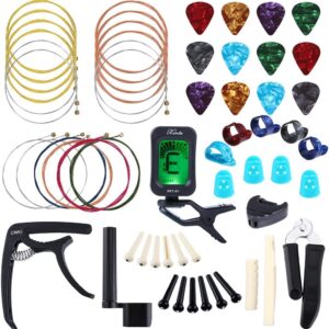 Auihiay 58 PCS Guitar Accessories Kit Including Guitar Strings, Picks, Capo, Thumb Finger Picks, String Winder, Bridge Pins, Pin Puller, Pick Holder, Finger Protect