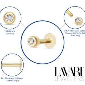 Lavari Jewelers 16 Gauge Labret Monroe Style Stud Ball Lip Ring in 14k Yellow Gold with 3 mm Cubic Zirconia