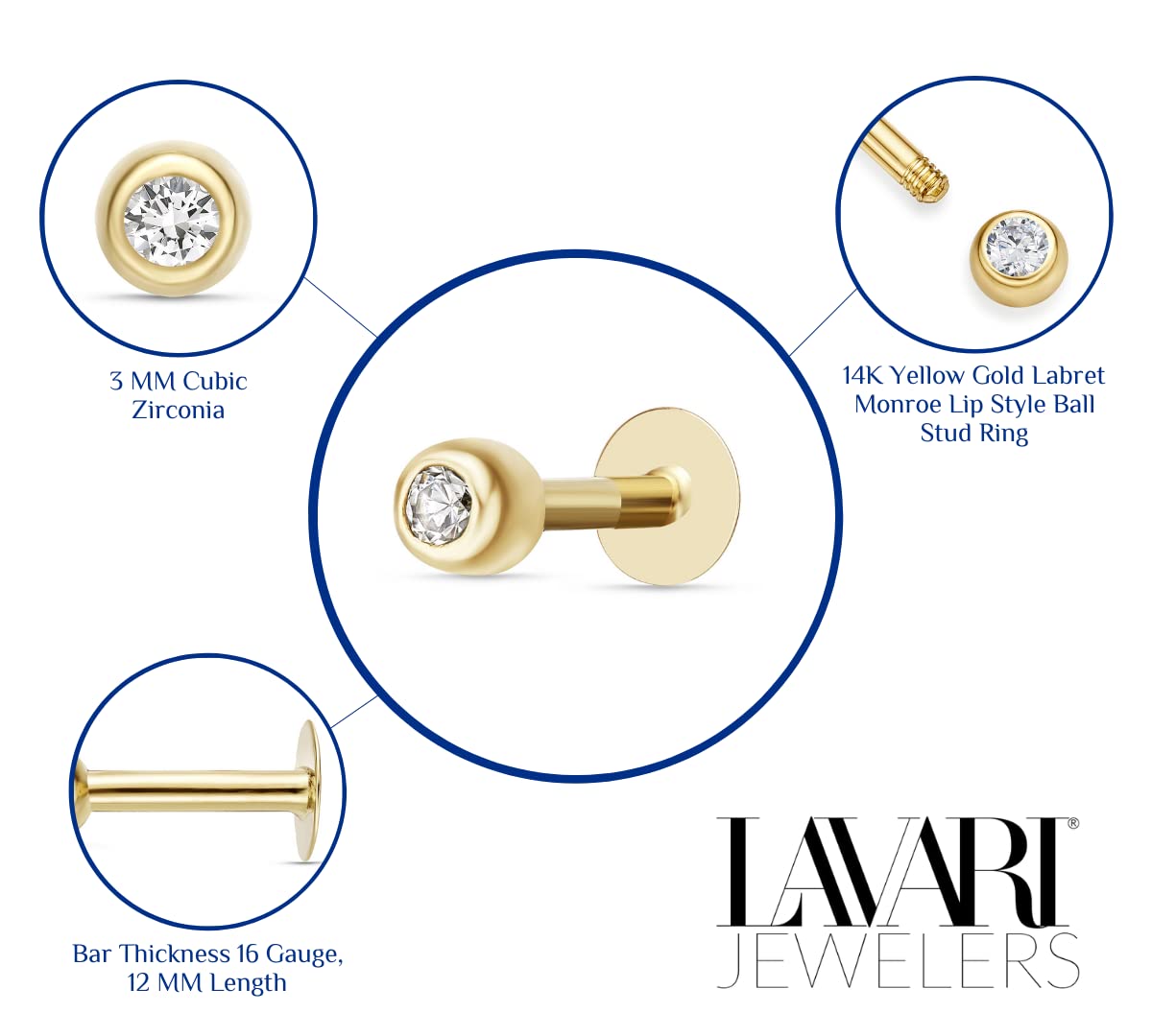 Lavari Jewelers 16 Gauge Labret Monroe Style Stud Ball Lip Ring in 14k Yellow Gold with 3 mm Cubic Zirconia