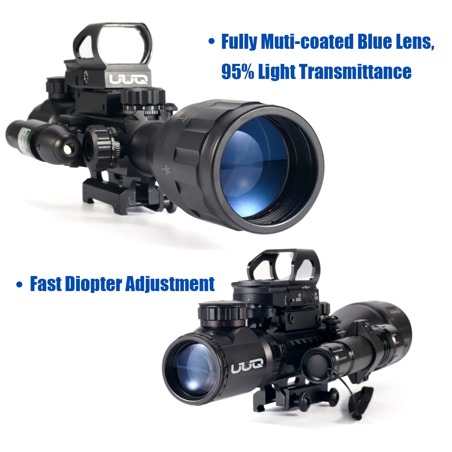 UUQ 4-16X50 AO Rifle Scope Red/Green Illuminated Range Finder Reticle W/Green Laser - Holographic Reflex Red Dot Sight - 5 Brightness Modes Flashlight (4-16X50 AO)