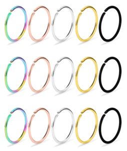 dyknasz 15pcs 22g nose rings hoop 316l stainless steel fake nose ring tragus cartilage helix piercing earring hoops septum lip ring 6mm for women men mix color