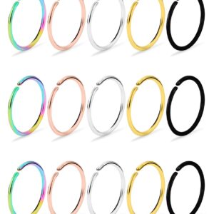 Dyknasz 15Pcs 22G Nose Rings Hoop 316L Stainless Steel Fake Nose Ring Tragus Cartilage Helix Piercing Earring Hoops Septum Lip Ring 6MM for Women Men Mix Color