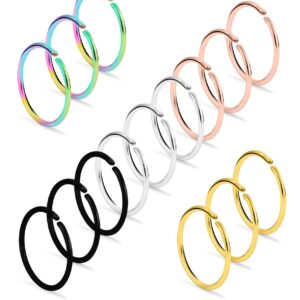 Dyknasz 15Pcs 22G Nose Rings Hoop 316L Stainless Steel Fake Nose Ring Tragus Cartilage Helix Piercing Earring Hoops Septum Lip Ring 6MM for Women Men Mix Color