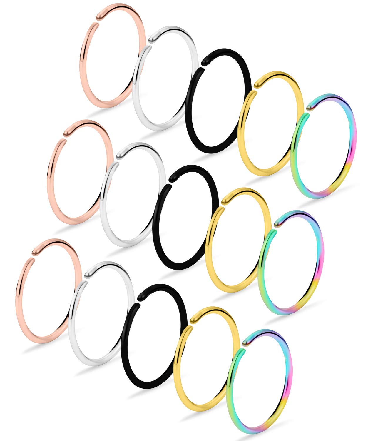 Dyknasz 15Pcs 22G Nose Rings Hoop 316L Stainless Steel Fake Nose Ring Tragus Cartilage Helix Piercing Earring Hoops Septum Lip Ring 6MM for Women Men Mix Color