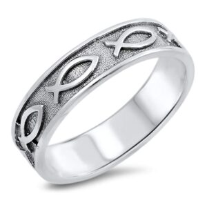 christian fish ichthus eternity love ring .925 sterling silver band size 10