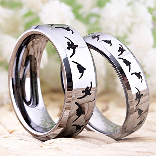 CLOUD DANCER 6mm/8mm Width Lover's Silver Bevel Wedding Band with Laser Etched Bird Duck Hunting Outdoor Ring, Comfort Fit (8mm Width, 11)