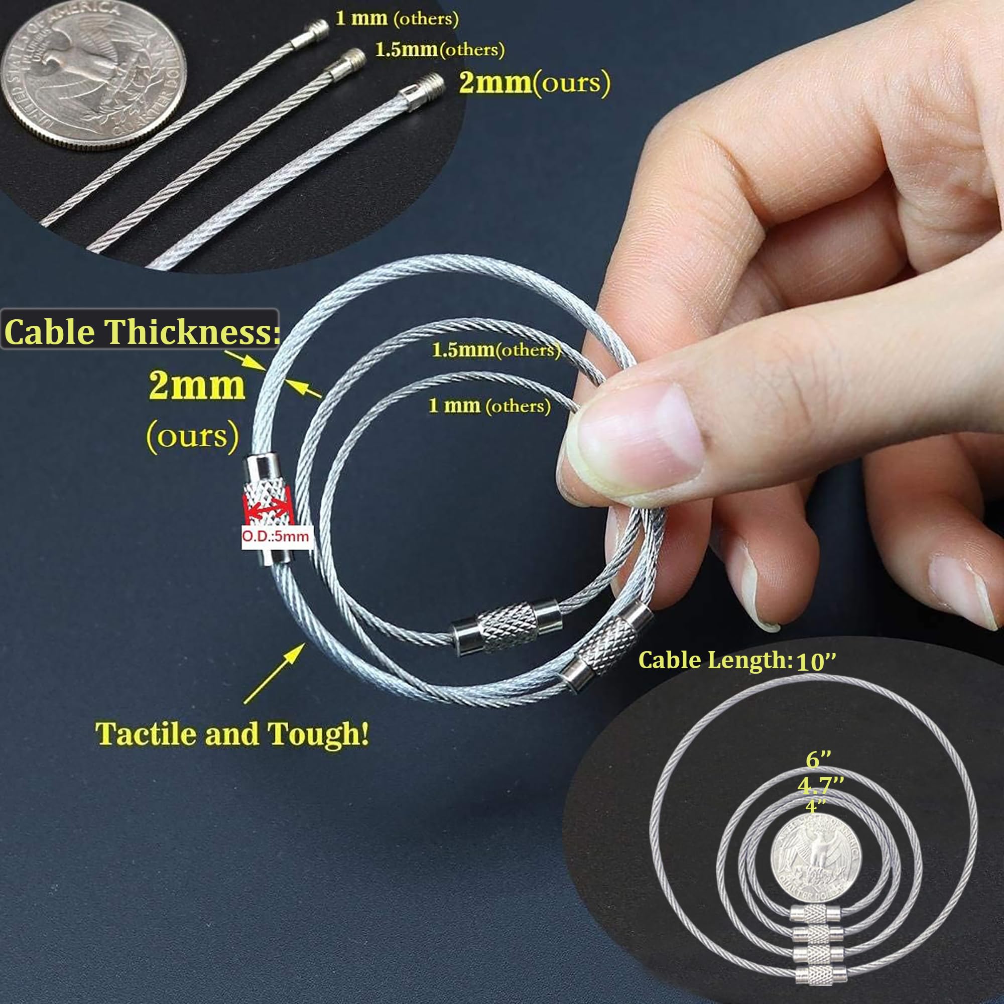 bayite Pack (100) Stainless Steel Wire Keychains Cable, Key Rings, Heavy Duty Luggage Tags Loops Tag Keepers 2mm Twist Barrel (Cable Length: 10 inches)