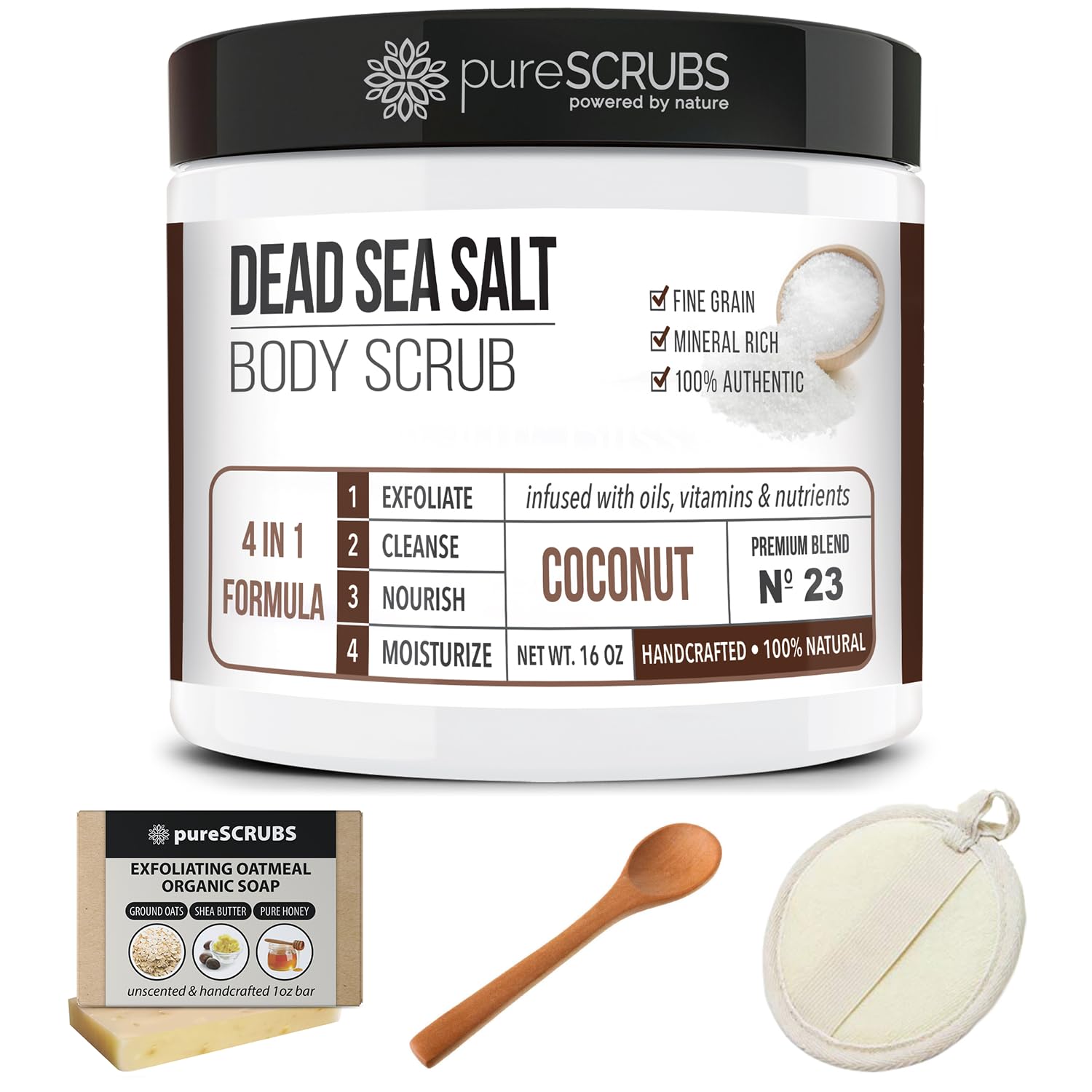 pureSCRUBS Premium Organic Body Scrub Set - INCLUDES spoon, loofah & soap - Large 16oz COCONUT BODY SCRUB Dead Sea Salt Infused Organic Essential Oils & Nutrients