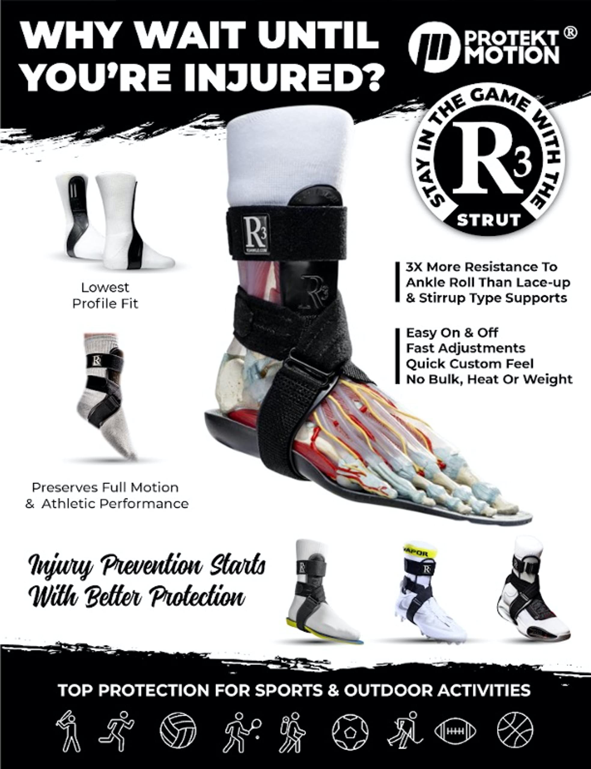 Protekt Motion - R3 STRUT High Performance Sports Ankle Brace; 3X The Ankle Roll Resistance of Old-style Lace-up & Stirrup Braces (Left, Medium)