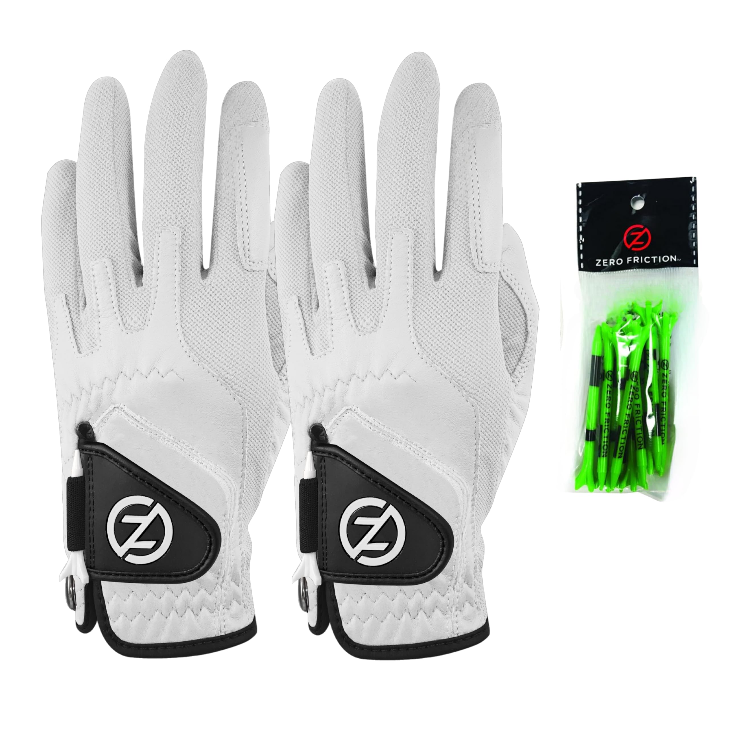 Zero Friction Male Men's Cabretta Elite Golf Glove 2 Pack, Free Tee Pack White & White, Universal Fit (GL72007)