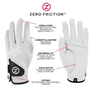 Zero Friction Male Men's Cabretta Elite Golf Glove 2 Pack, Free Tee Pack White & White, Universal Fit (GL72007)