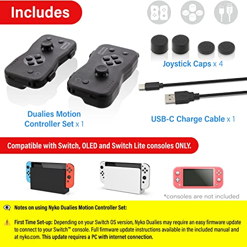 Nyko Dualies Controller Set for Nintendo Switch -Black: Comfortable, Responsive, and Precise Wireless Gaming with Motion Control, USB C Charge Cable. Joycon Alternative