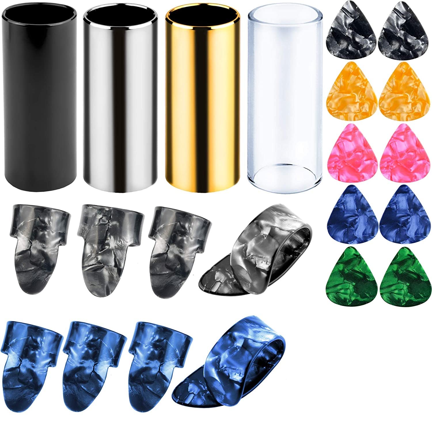 Augshy 4 Pieces Medium Guitar Slides for Acoustic,Stainless Stell Guitar Slides for Electric,Glass Guitar Slide and 8 Pieces Plastic Thumb & Finger Picks Guitar Accessories