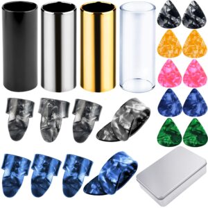 Augshy 4 Pieces Medium Guitar Slides for Acoustic,Stainless Stell Guitar Slides for Electric,Glass Guitar Slide and 8 Pieces Plastic Thumb & Finger Picks Guitar Accessories