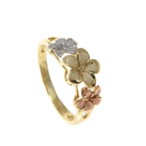 Arthur's Jewelry Solid 14k tricolor gold 6.5mm-8mm-6.5mm Hawaiian plumeria flower ring size 10