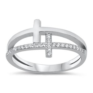 white cz double cross christian love ring .925 sterling silver band size 7