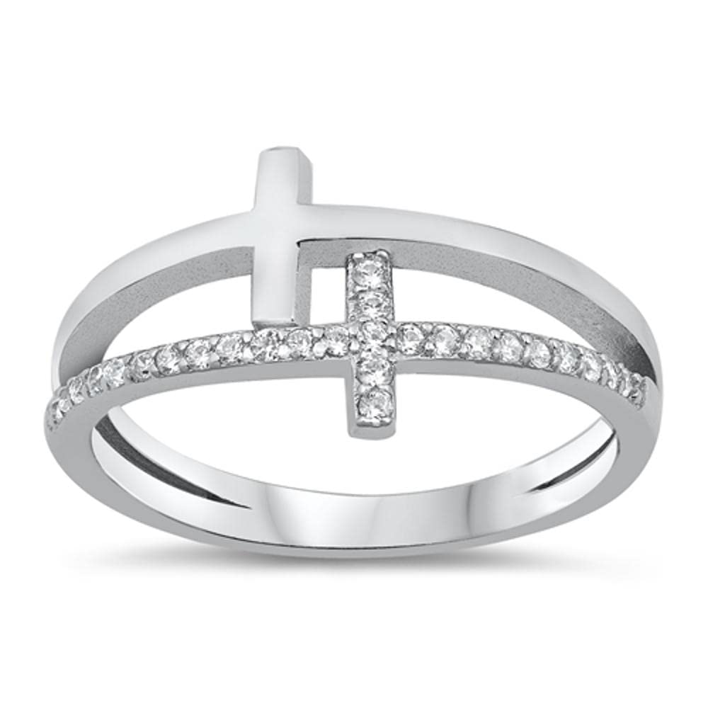 White CZ Double Cross Christian Love Ring .925 Sterling Silver Band Size 7