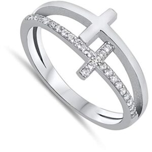 White CZ Double Cross Christian Love Ring .925 Sterling Silver Band Size 7