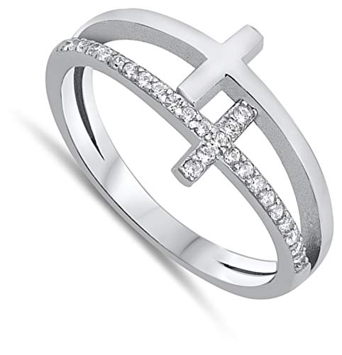 White CZ Double Cross Christian Love Ring .925 Sterling Silver Band Size 7