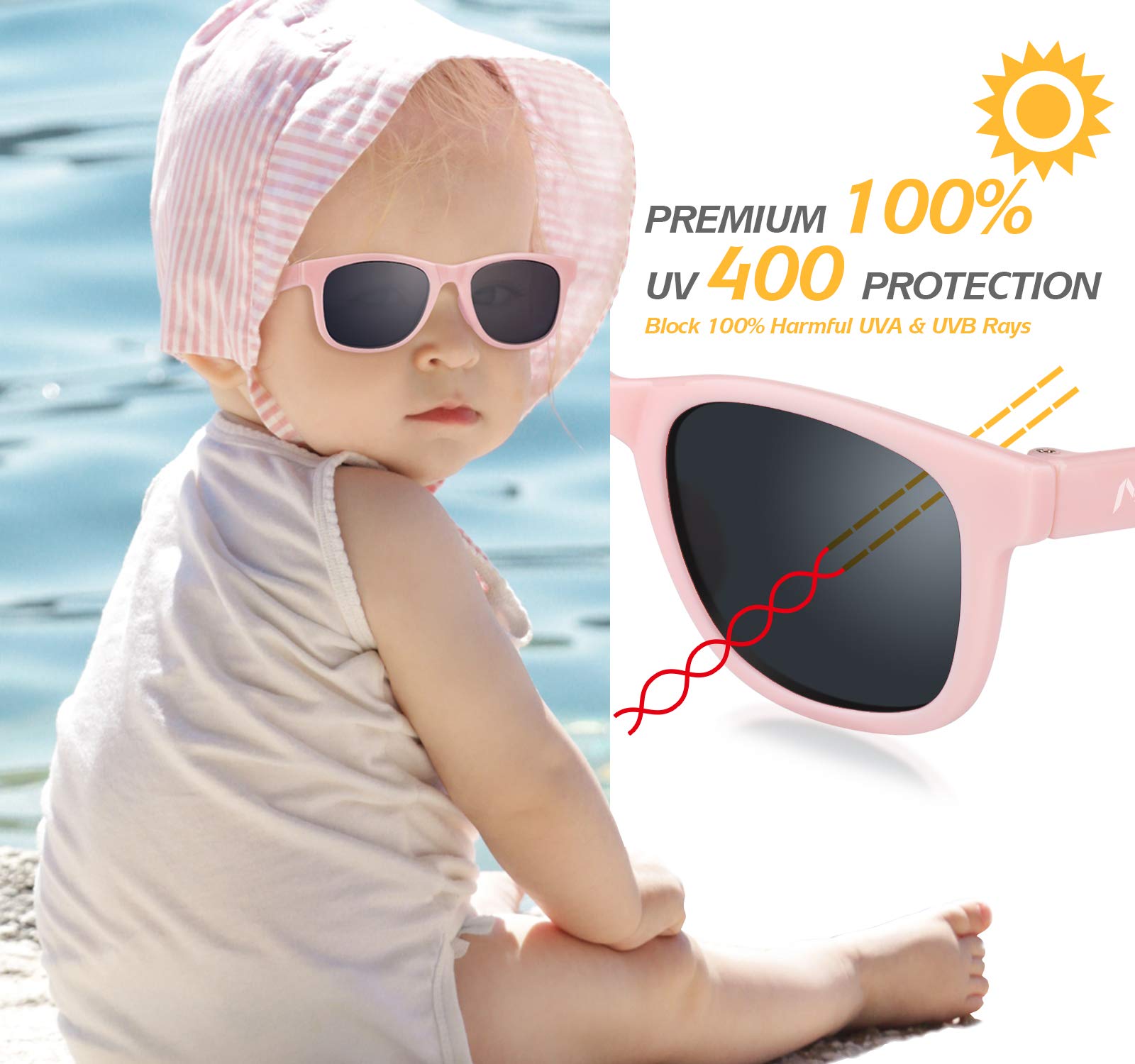 NACUWA Baby Sunglasses - 100% UV Proof Sunglasses for Baby, Toddler, Kids - Ages 0-2 Years - Case and Pouch included