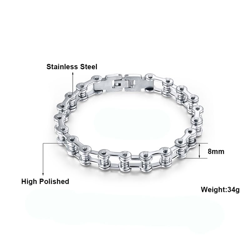 Biker Bracelet for Men by Ginger Lyne | Stainless Steel Motorcycle Chain Bracelet for Him | Silver Color Bike Chain Bracelet for Women | Fathers Day Jewelry