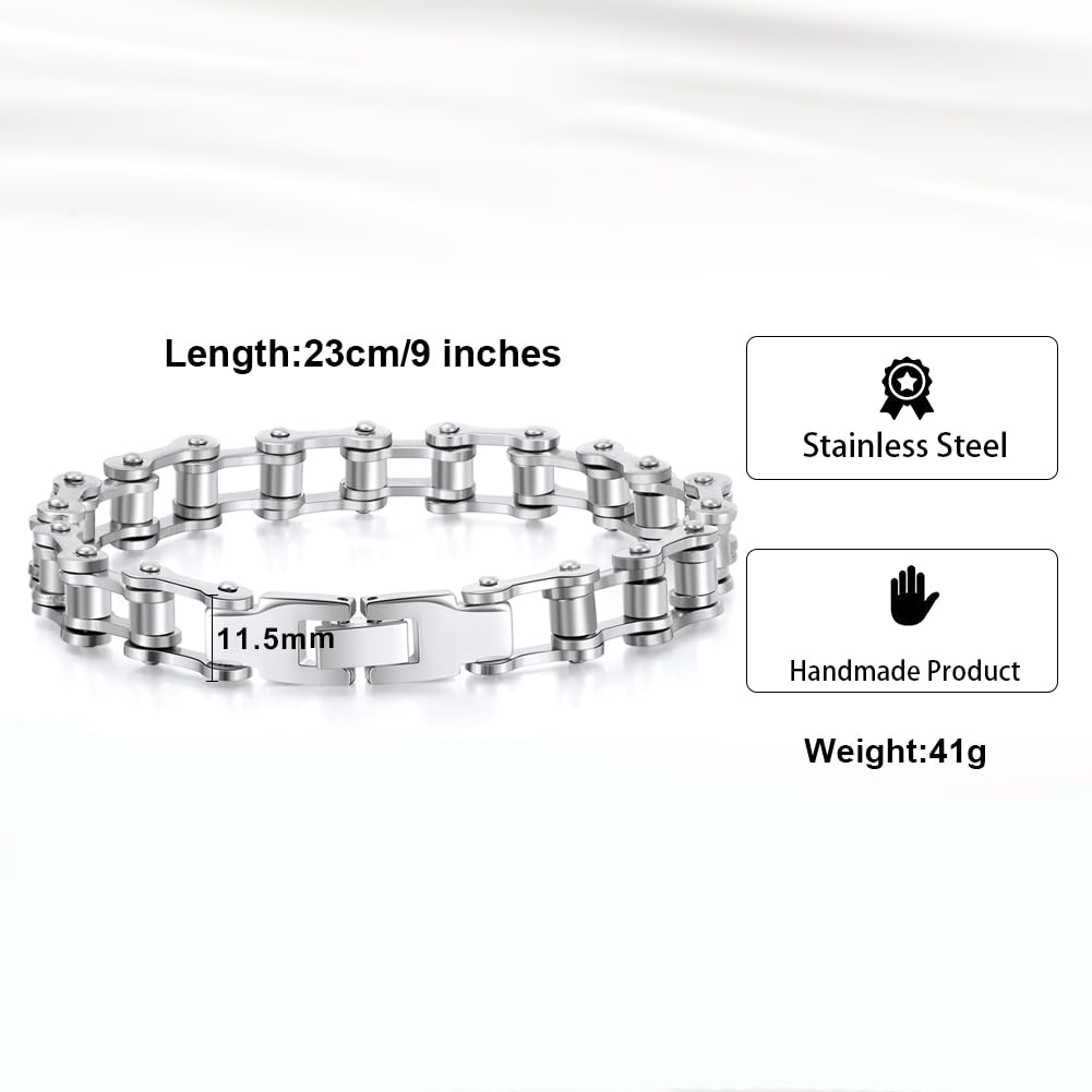 Biker Bracelet for Men by Ginger Lyne | Stainless Steel Motorcycle Chain Bracelet for Him | Silver Color Bike Chain Bracelet for Women | Fathers Day Jewelry