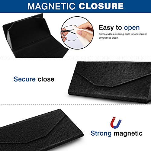 MoKo Foldable Eyeglass Case, PU Leather Portable Lightweight Sunglasses Storage Triangular Fold Case Eyewear Protector Box with Magnet Closure and Cleaning Cloth for Men Women Youth Kids, Black