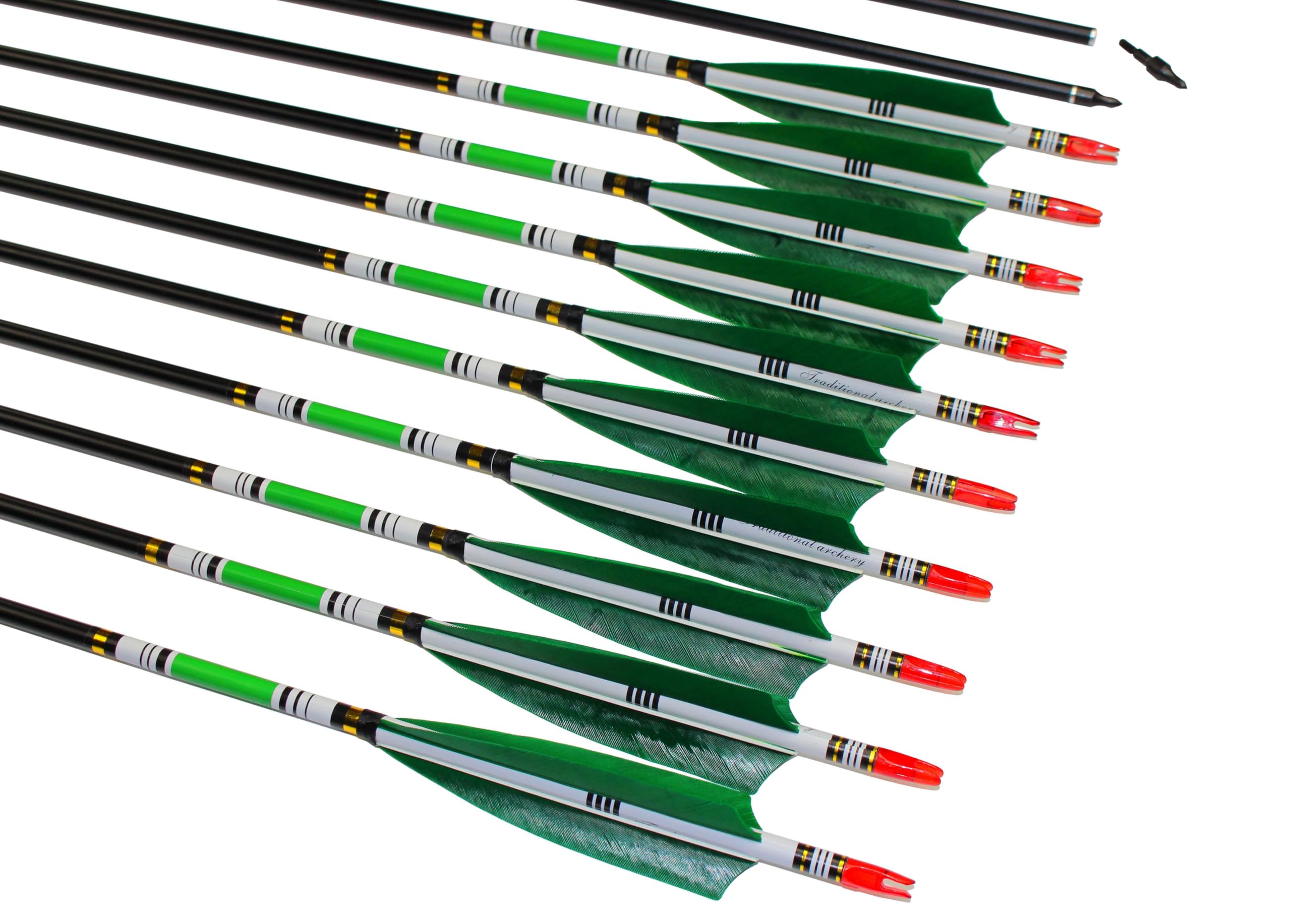 TTFLY FLETCHING 31 inch Carbon Arrows Green Turkey Feather Targeting Arrows Archery with Screw-in Field Tips Hunting&Practice(12 Pack)