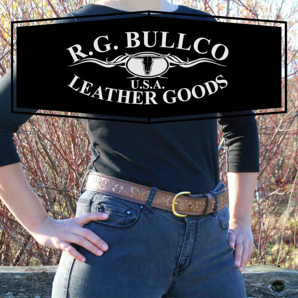 R.G. BULLCO 1-1/2" Handcrafted Women's Leather Belt - Butterfly & Floral Embossed, Full Grain Leather - Brown - Size 32 - RGB-5517