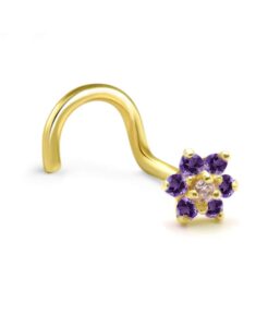 14k yellow gold l bend nose stud ring 4.5mm purple christina flower cluster 22g