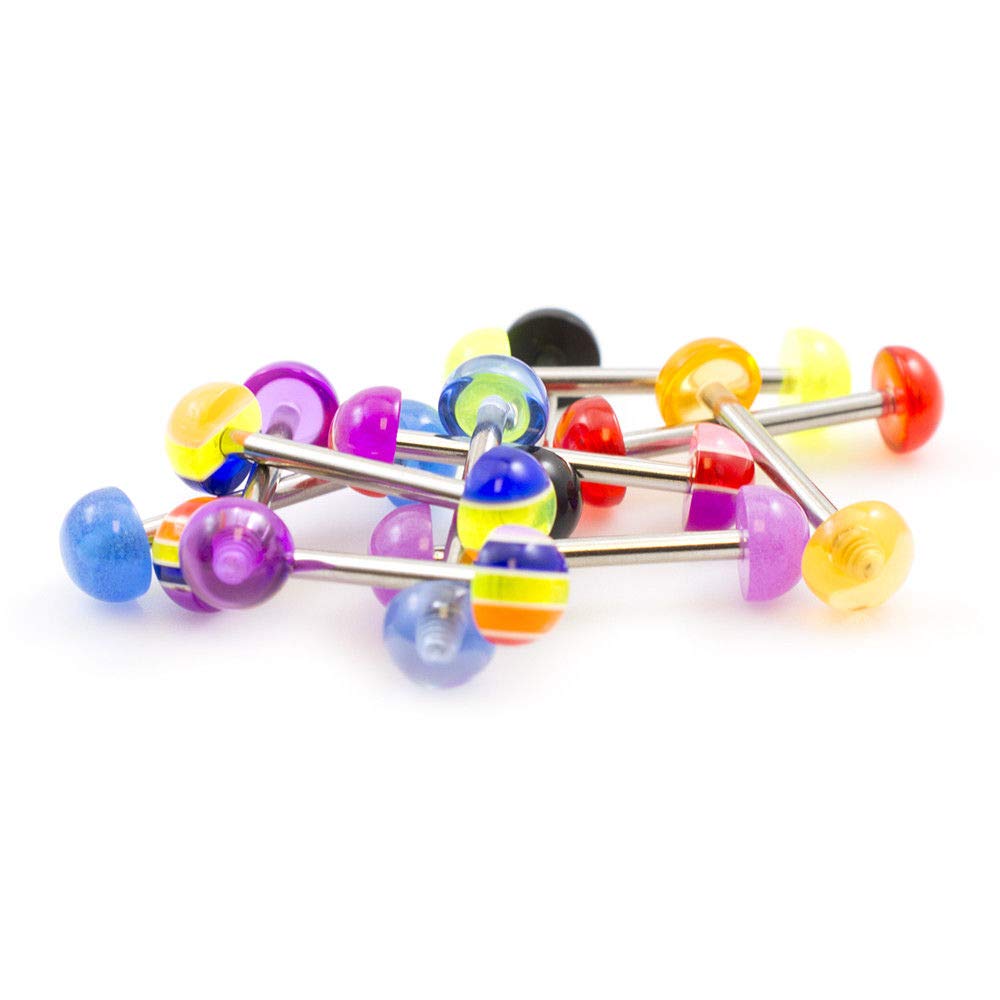 BodyJewelryOnline Pack of 10 Straight Barbells 14g with Half Ball Colorful Design