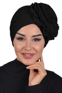 aisha's design instant turban head wraps for women, 95% cotton pretied hijab scarves, rose detail, black