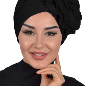 Aisha's Design Instant Turban Head Wraps For Women, 95% Cotton Pretied Hijab Scarves, Rose Detail, Black