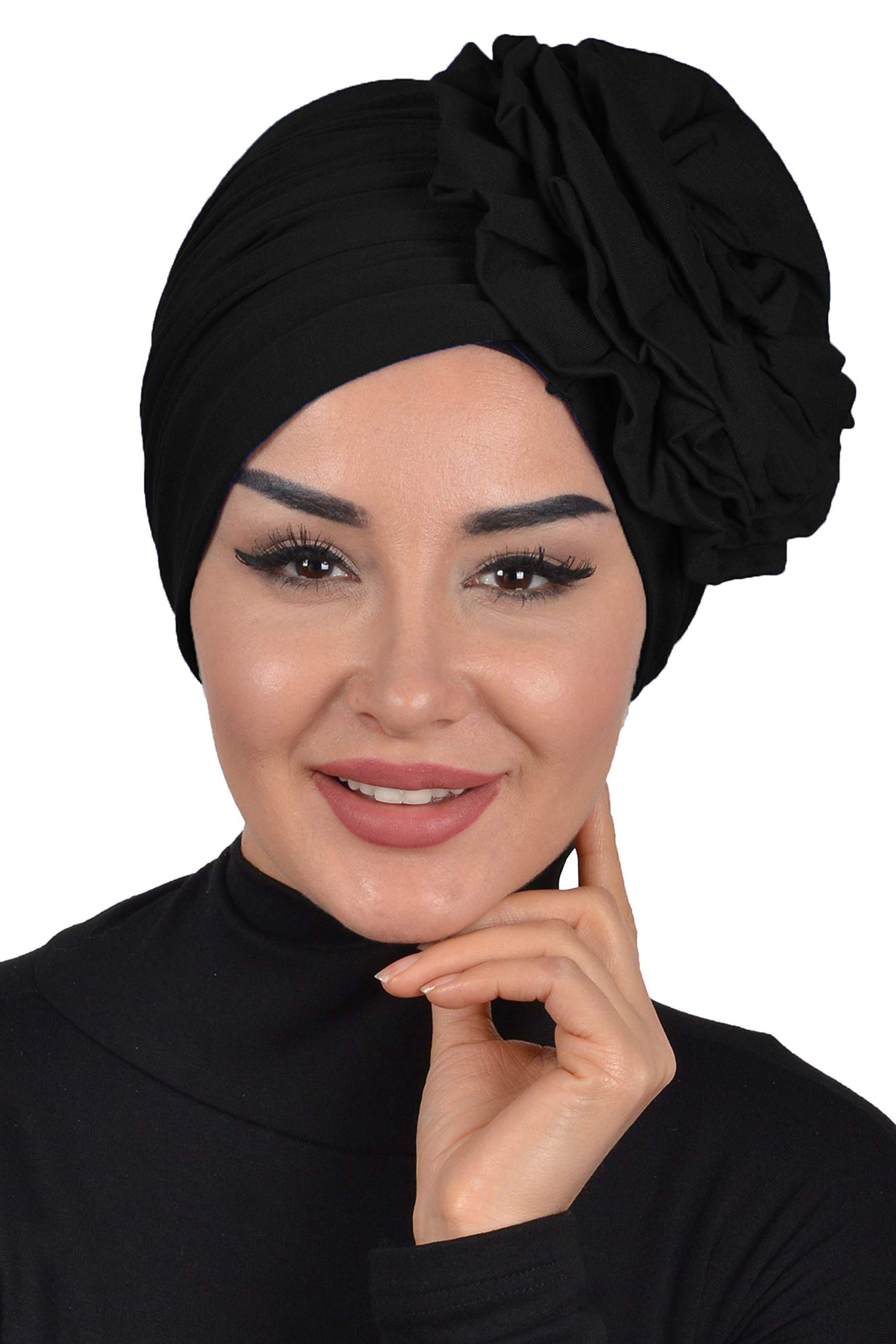 Aisha's Design Instant Turban Head Wraps For Women, 95% Cotton Pretied Hijab Scarves, Rose Detail, Black