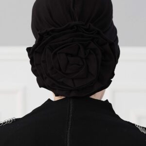 Aisha's Design Instant Turban Head Wraps For Women, 95% Cotton Pretied Hijab Scarves, Rose Detail, Black