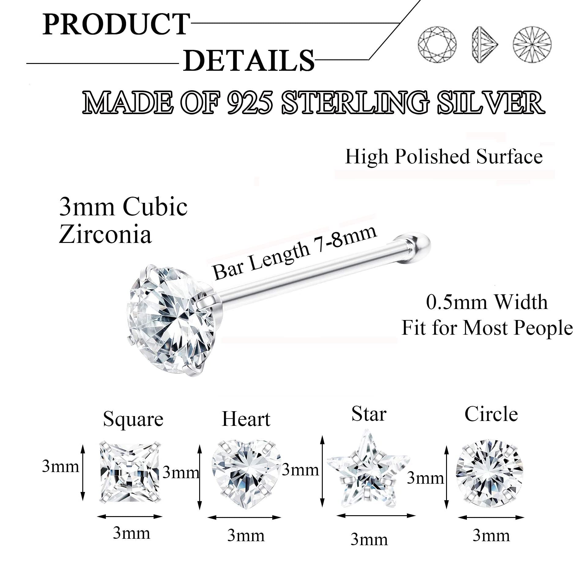 Sllaiss 8Pcs 22G Sterling Silver Nose Rings Studs Tiny 3mm Assorted Shapes CZ Inlaid Nose Body Piercing Jewelry