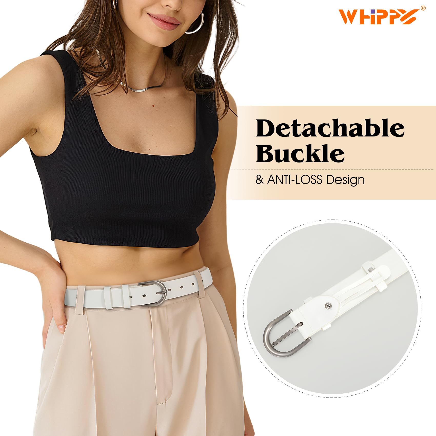 WHIPPY Women Leather Belt for Jeans Pants Dresses Fashion Ladies Western Leather Belt with Silver Buckle M White