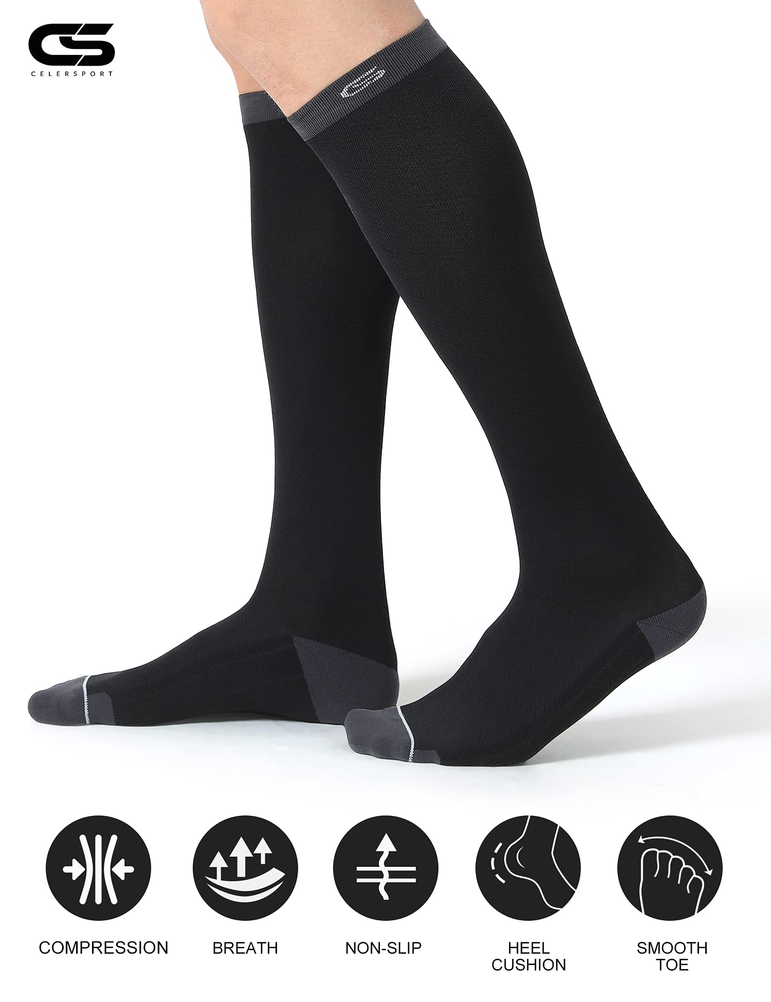 CS CELERSPORT 3 Pairs Compression Socks 20-30mmHg for Men Circulation Socks For Running Traveling Shin Splints Nurse Athletic And Pregnancy Black