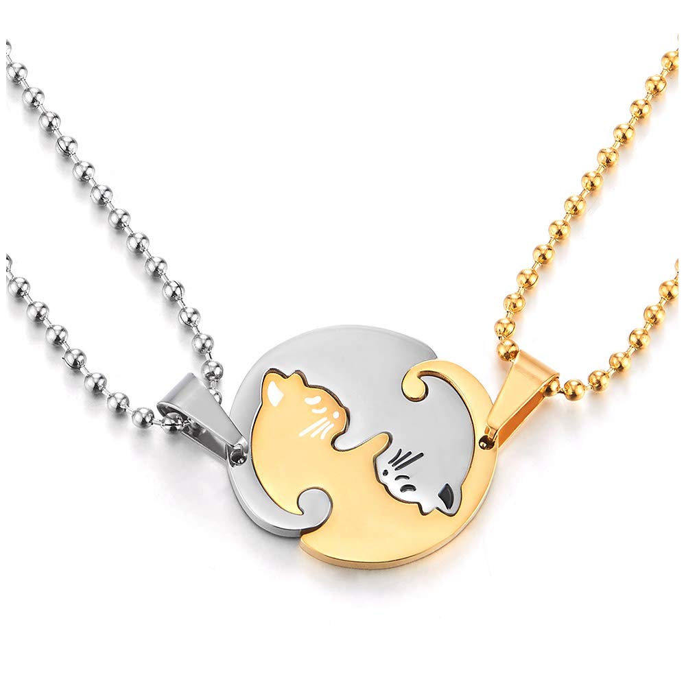 COOLSTEELANDBEYOND Pair Steel Gold Silver Matching Kitty Cat Friendship Pendant Necklace, Lovers Couples Friends