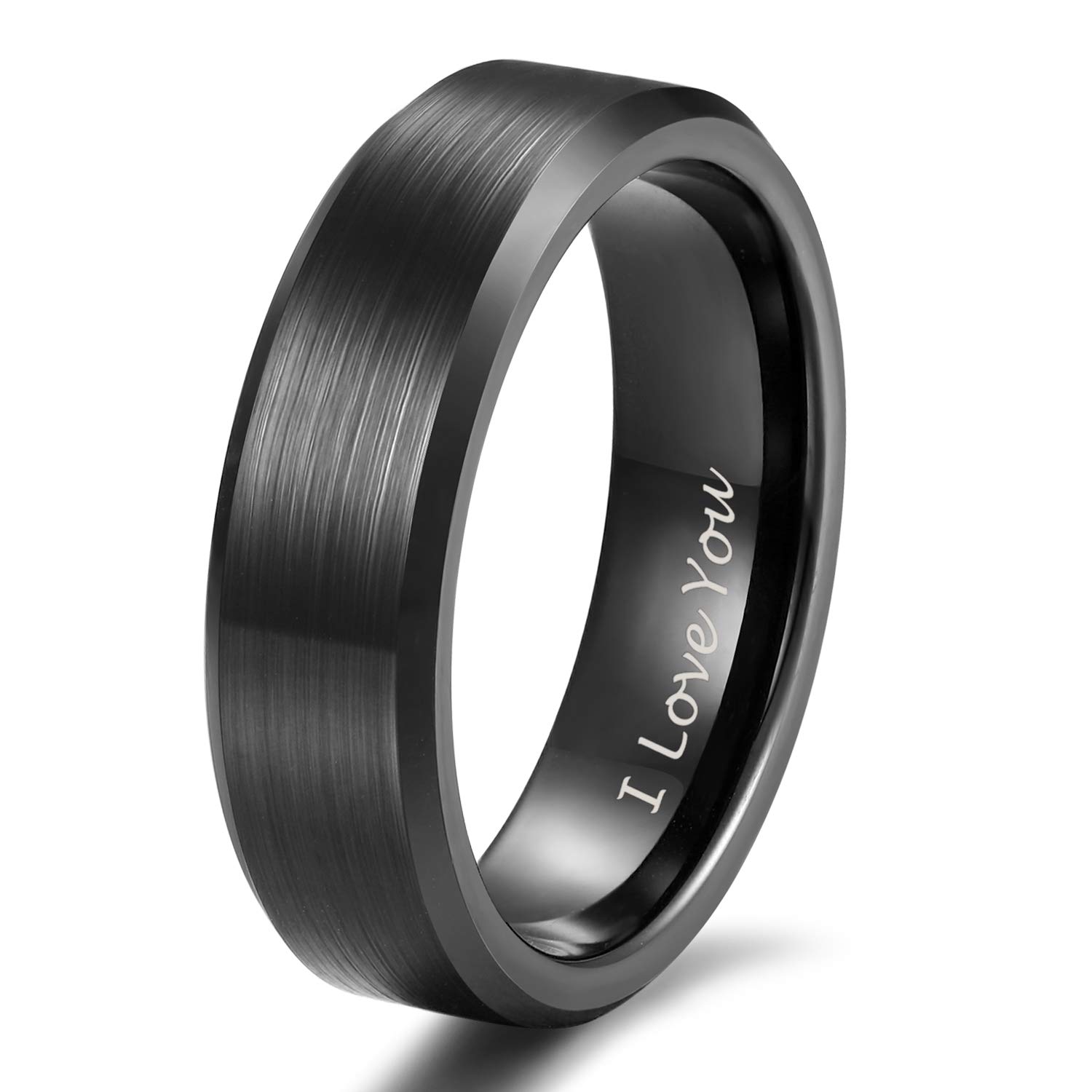 6mm Black Tungsten I Love You Ring for Men Women Engraved Couple Wedding Band Comfort Fit Size 8.5