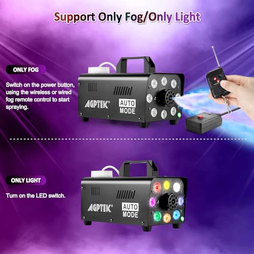 AGPTEK Fog Machine, 500W Portable Led Smoke Machine with Lights (Red, Blue, Green) & Wireless Remote Control for Halloween, Christmas, Wedding, Parties, DJ Performance & Stage Show