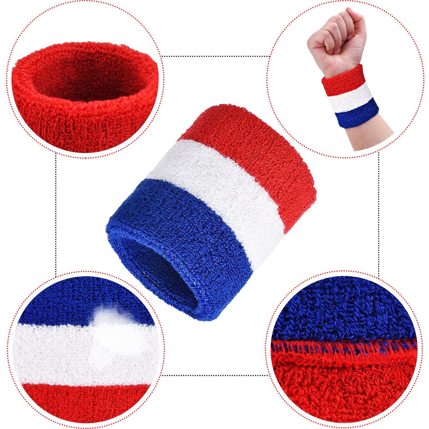 Bememo 12 Pcs Neon Sweatbands Paris Sports Competitions Wristband Sweat Wrist Band for Men Women, for Tennis, Basketball, Running(3.15",Red, White, Blue)