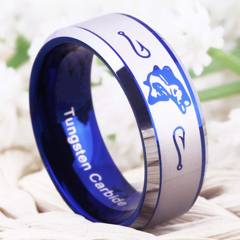 CLOUD DANCER FREE Custom Engraving Blue Tungsten Wedding Bands Bass Ring Fishing Ring Fish Hooks Ring Hunting Ring (9)