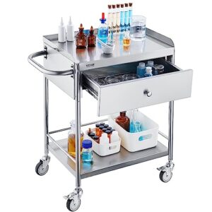 VEVOR Shelf Stainless Steel Utility Cart Catering Cart with Wheels Medical Dental Lab Cart Rolling Cart Commercial Wheel Dolly Restaurant Dinging Utility Services (2 Shelves/ 1 Drawer)