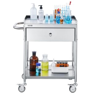 VEVOR Shelf Stainless Steel Utility Cart Catering Cart with Wheels Medical Dental Lab Cart Rolling Cart Commercial Wheel Dolly Restaurant Dinging Utility Services (2 Shelves/ 1 Drawer)