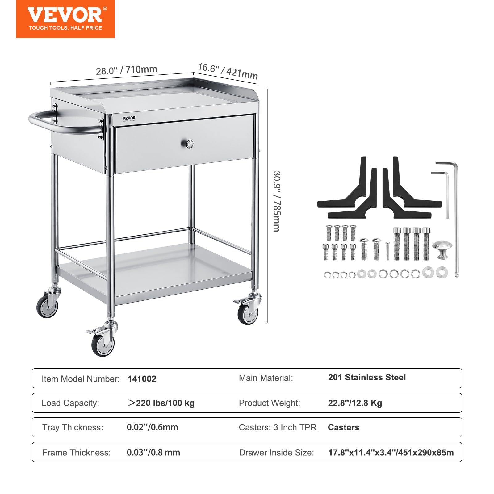 VEVOR Shelf Stainless Steel Utility Cart Catering Cart with Wheels Medical Dental Lab Cart Rolling Cart Commercial Wheel Dolly Restaurant Dinging Utility Services (2 Shelves/ 1 Drawer)