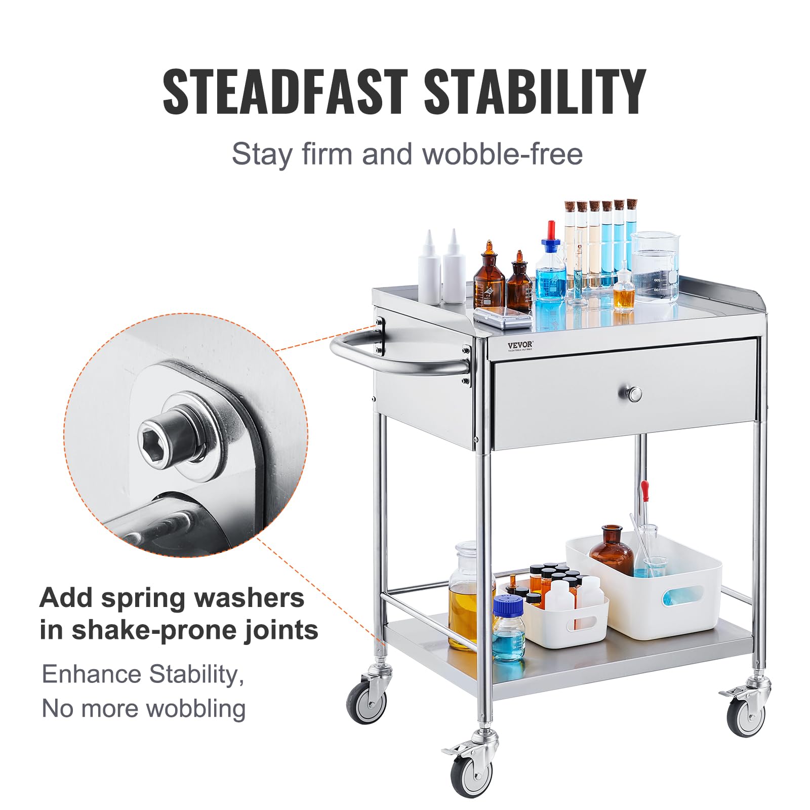 VEVOR Shelf Stainless Steel Utility Cart Catering Cart with Wheels Medical Dental Lab Cart Rolling Cart Commercial Wheel Dolly Restaurant Dinging Utility Services (2 Shelves/ 1 Drawer)