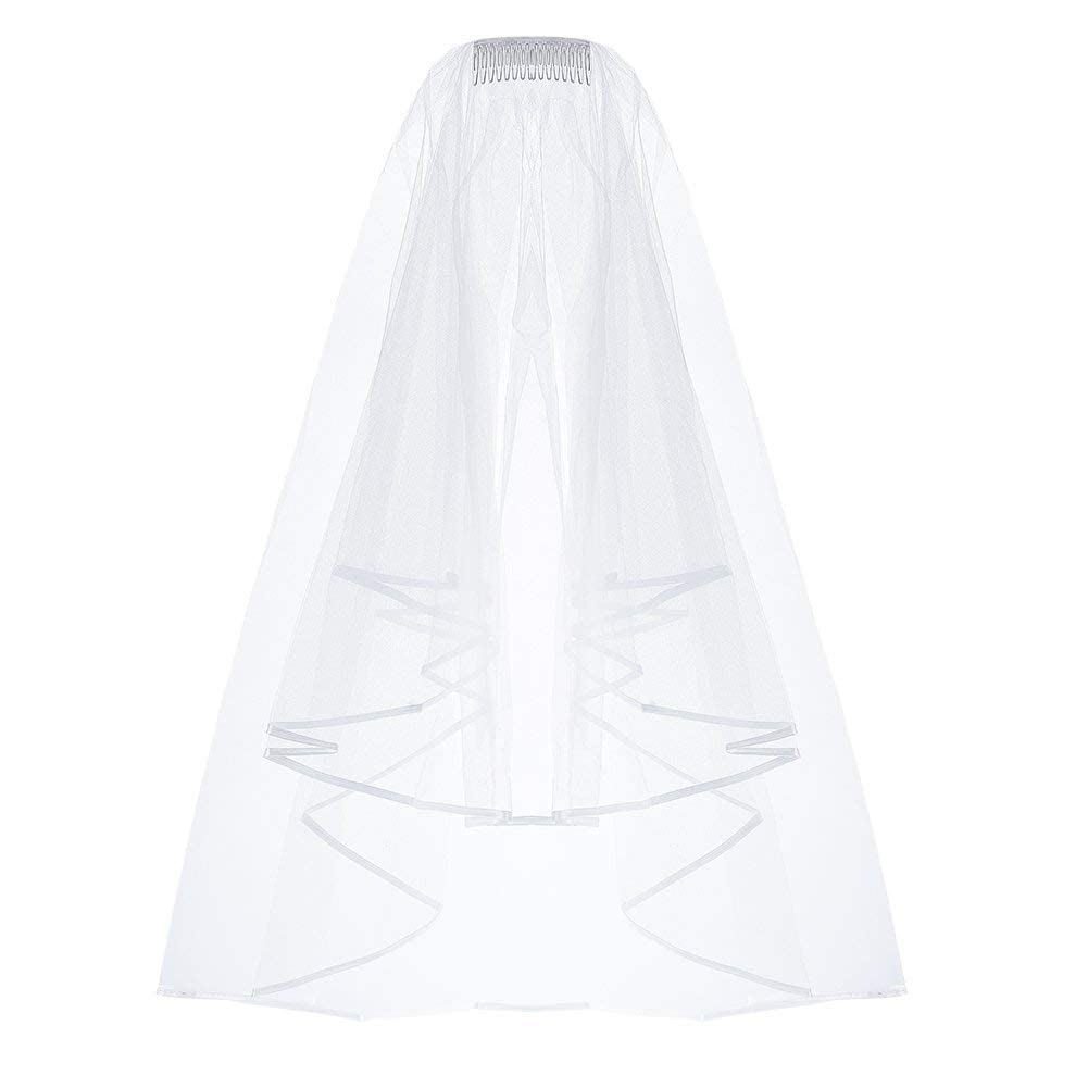 ZIYAN White Double Ribbon Edge Center Cascade Bridal Wedding Veil with Comb