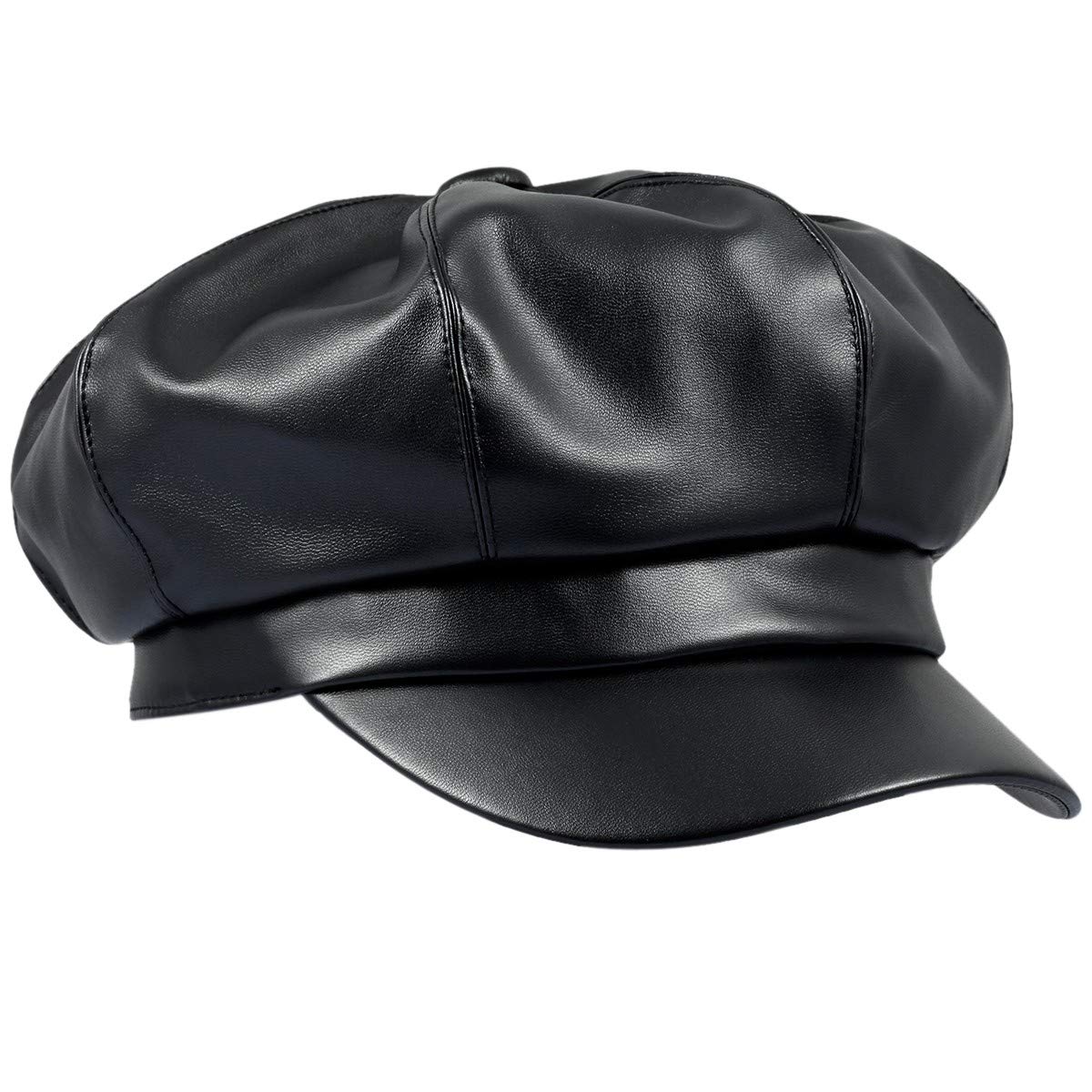 moonsix Newsboy Hat,Plain Cabbie Visor Beret Gatsby Ivy Caps for Women,Black(PU Leather Style 2)