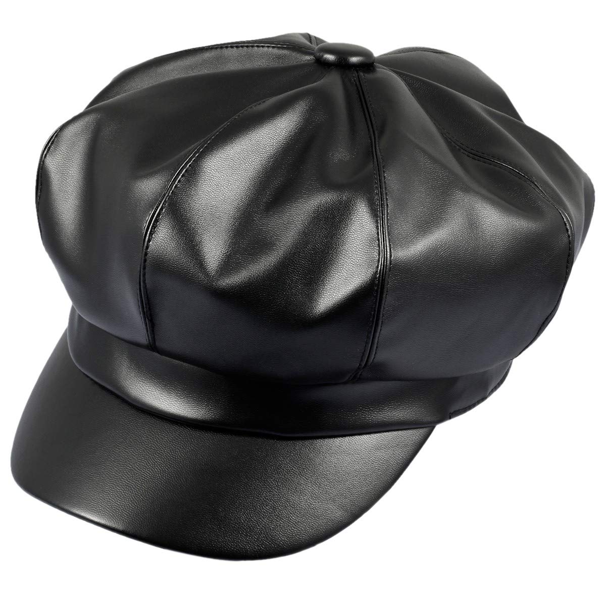 moonsix Newsboy Hat,Plain Cabbie Visor Beret Gatsby Ivy Caps for Women,Black(PU Leather Style 2)